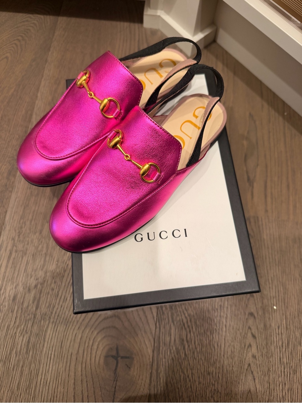 Gucci Kids Metallic Fuchsia Horsebit Slingback Mules